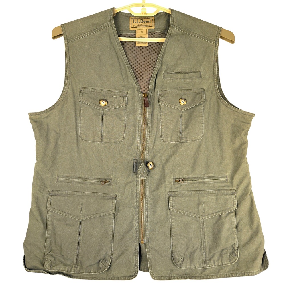 LL Bean Mens XL Utility Fishing Vest Olive Green Cotton Canvas 261600